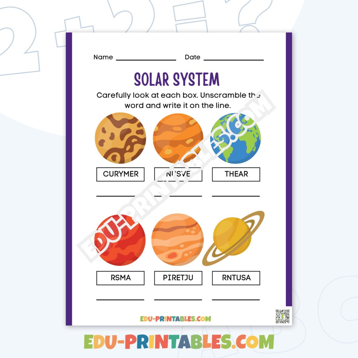 Worksheet – Solar System: Unscramble and Discover the Planets!