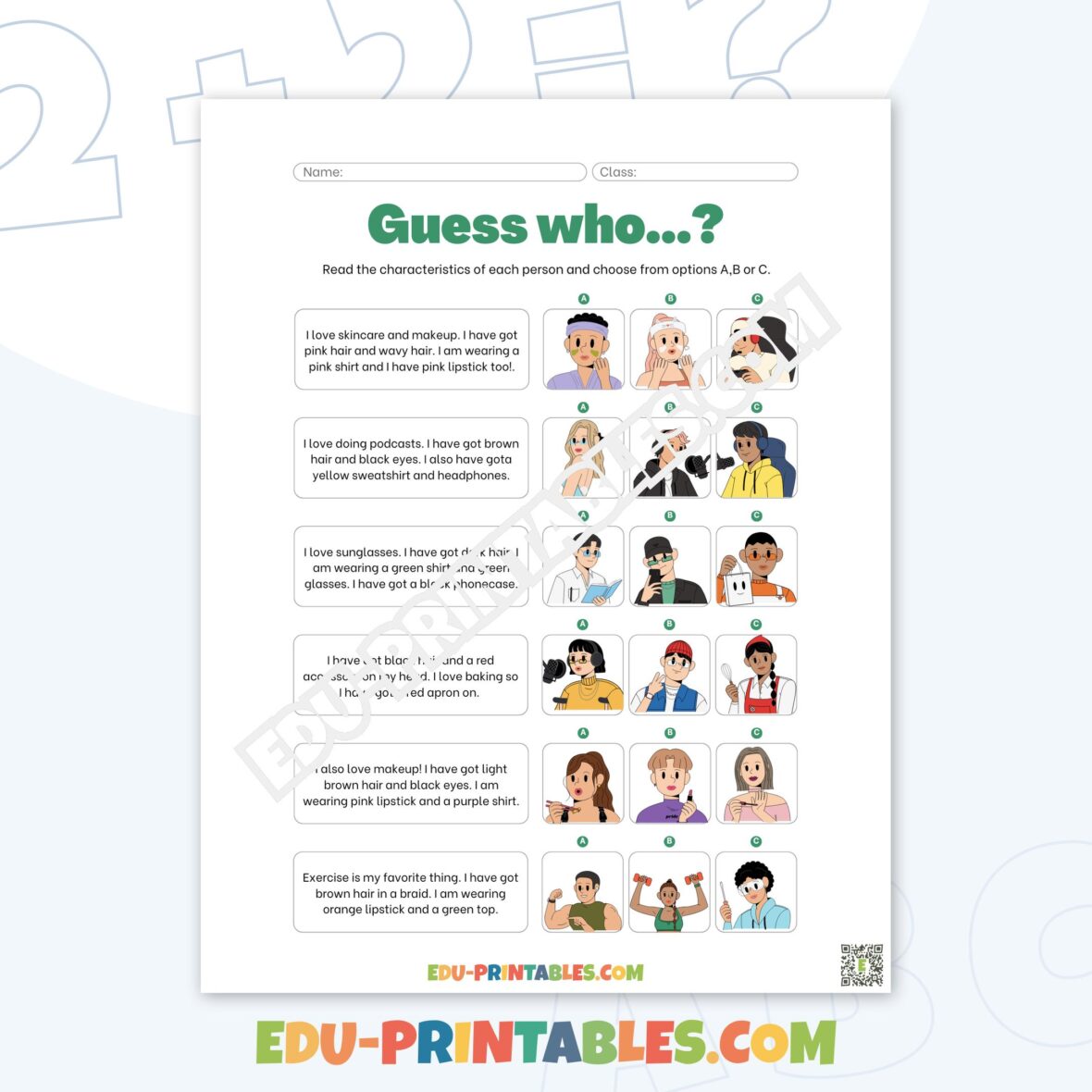 Worksheet – People Descriptions: Guess Who for Fun Learning!