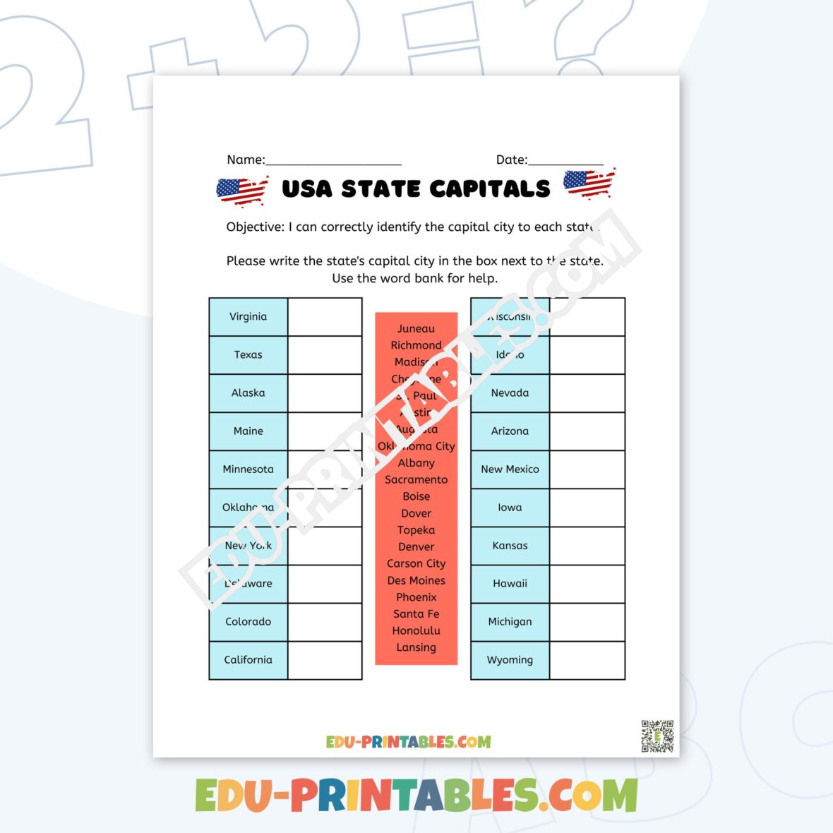 Worksheet – USA State Capitals: Master the Map with Exciting Challenges!